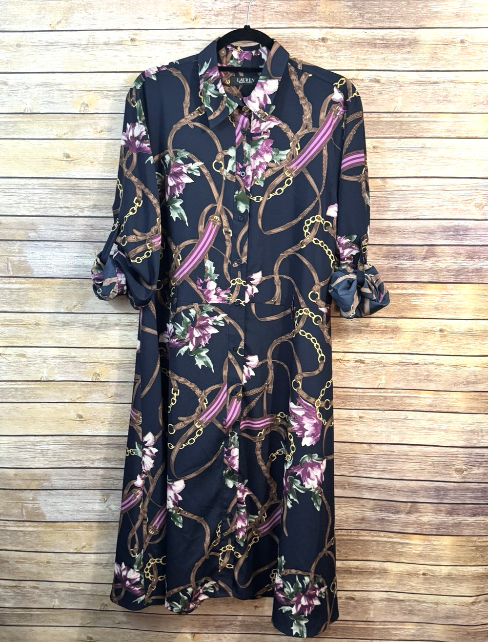 Lauren Ralph Lauren Navy Blue Purple Floral & Equestrian Print Crepe Shirtdress